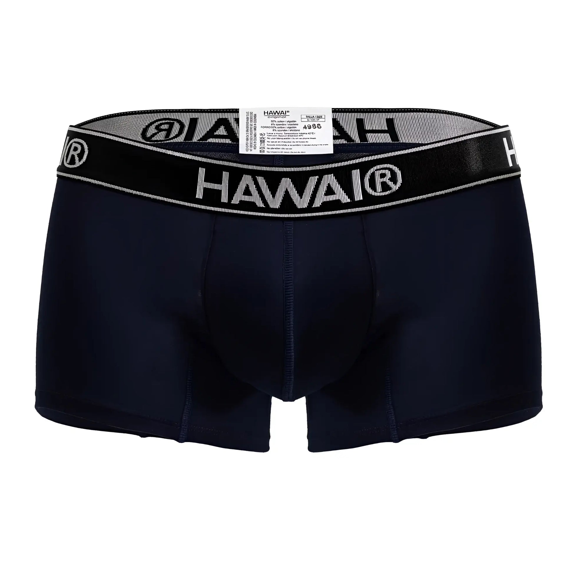 Black hawai brand dark blue cotton blend men’s boxer briefs with gray and black waistband and white logo