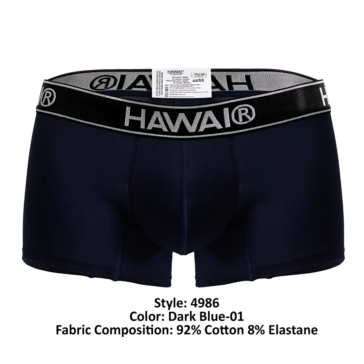 Dark blue hawai 4986 cotton blend boxer briefs with black elastic waistband featuring white lettering and logo