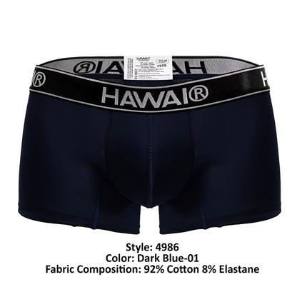 Dark blue hawai 4986 cotton blend boxer briefs with black elastic waistband featuring white lettering and logo