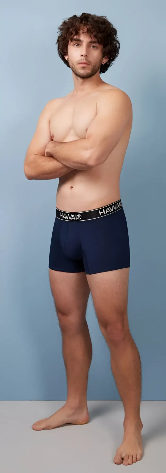 Navy blue harmay boxer briefs with black elastic waistband white lettering made from cotton blend fabric