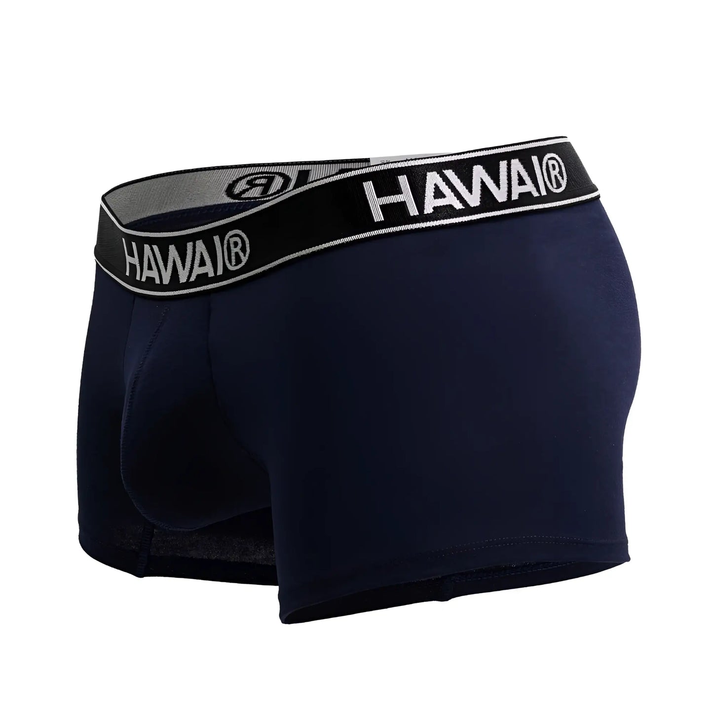 Navy blue Hawai 4986 cotton blend men’s boxer briefs with black and gray waistband featuring white lettering
