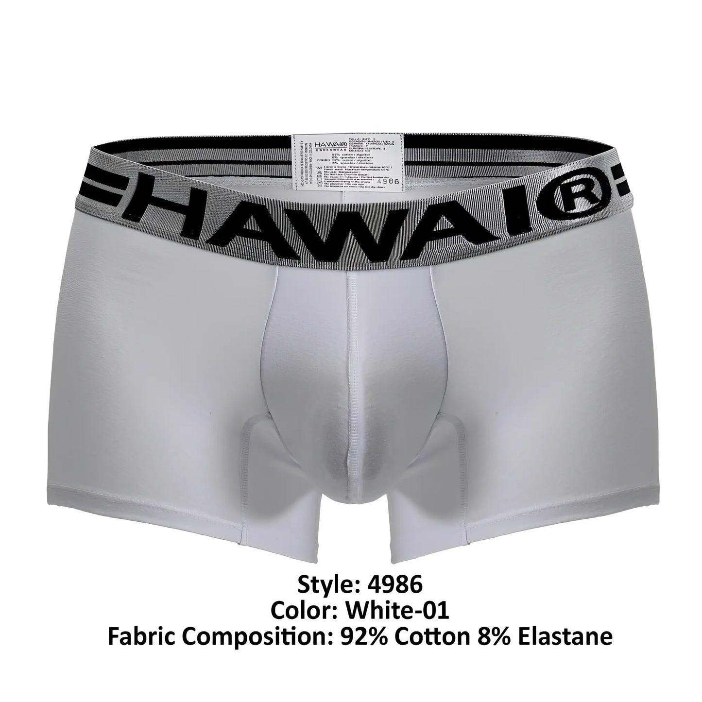 White Hawaii brand cotton blend boxer briefs with gray and black bold waistband in color white-01