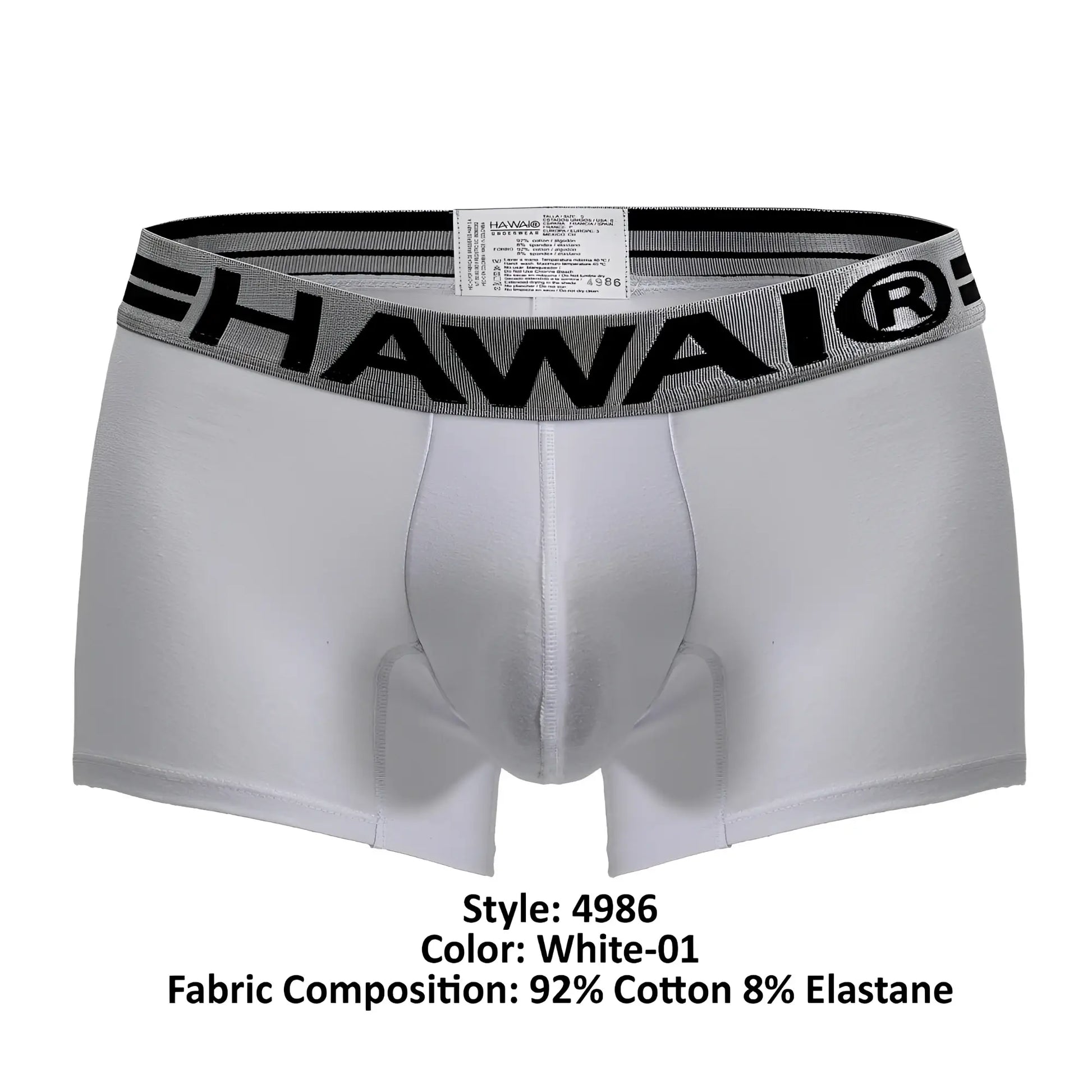 White Hawaii brand cotton blend boxer briefs with gray and black bold waistband in color white-01