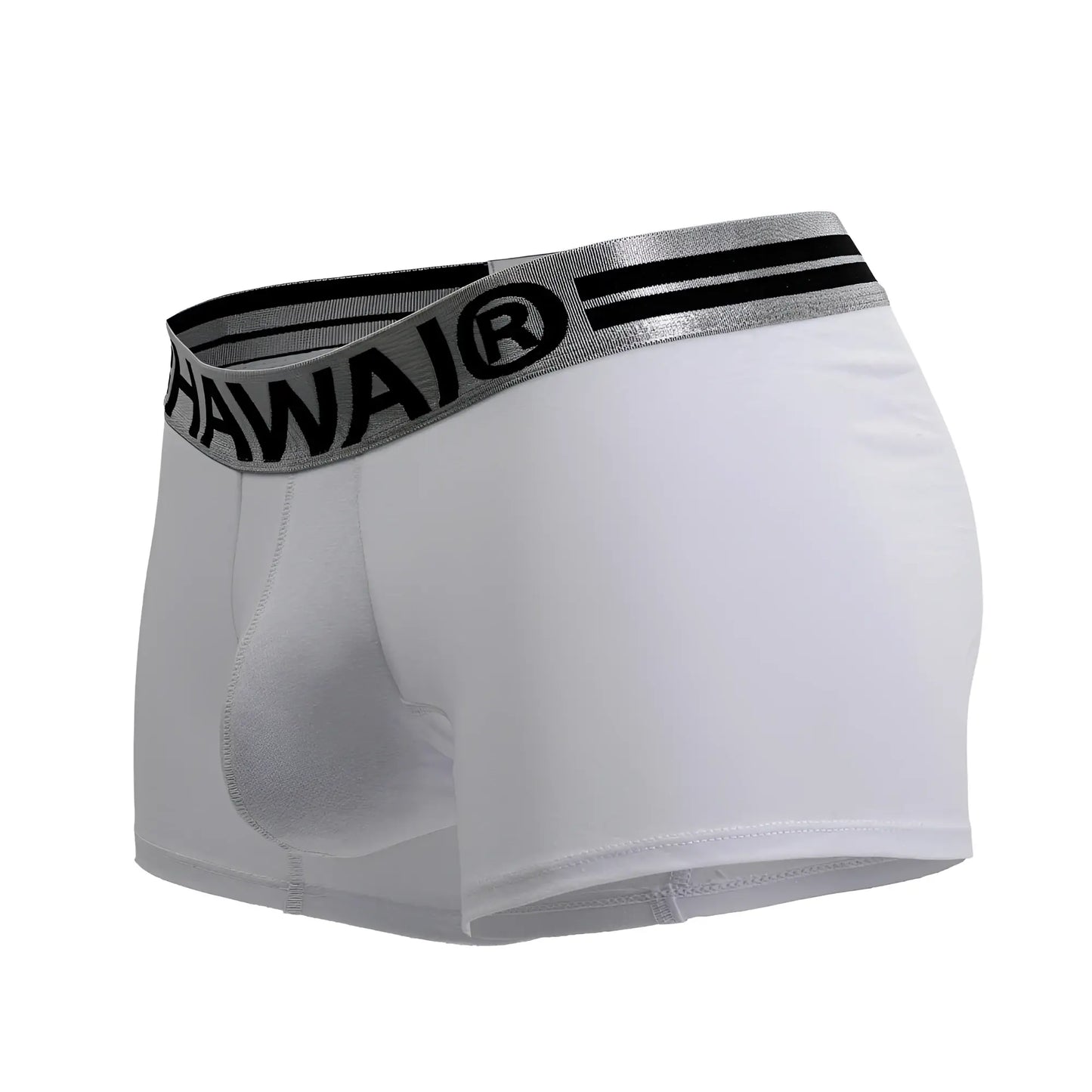 White men’s cotton blend boxer briefs with gray elastic waistband featuring black hawaii branding and two stripes