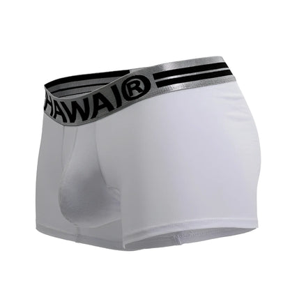 White men’s cotton blend boxer briefs with gray elastic waistband featuring black hawaii branding and two stripes