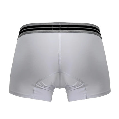 White men’s boxer briefs with gray waistband and two black stripes made from cotton blend trunks color white 01