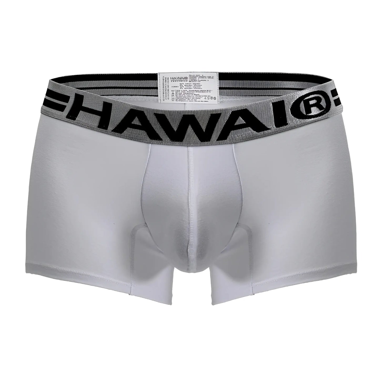 White men’s cotton blend briefs with gray elastic waistband featuring bold black hawaii lettering color white 01