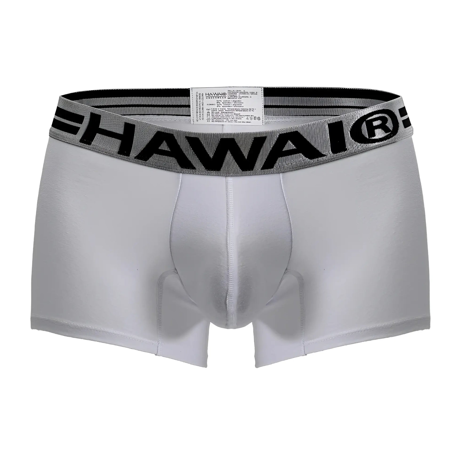 White men’s cotton blend briefs with gray elastic waistband featuring bold black hawaii lettering color white 01