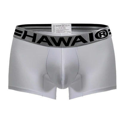 White men’s cotton blend briefs with gray elastic waistband featuring bold black hawaii lettering color white 01
