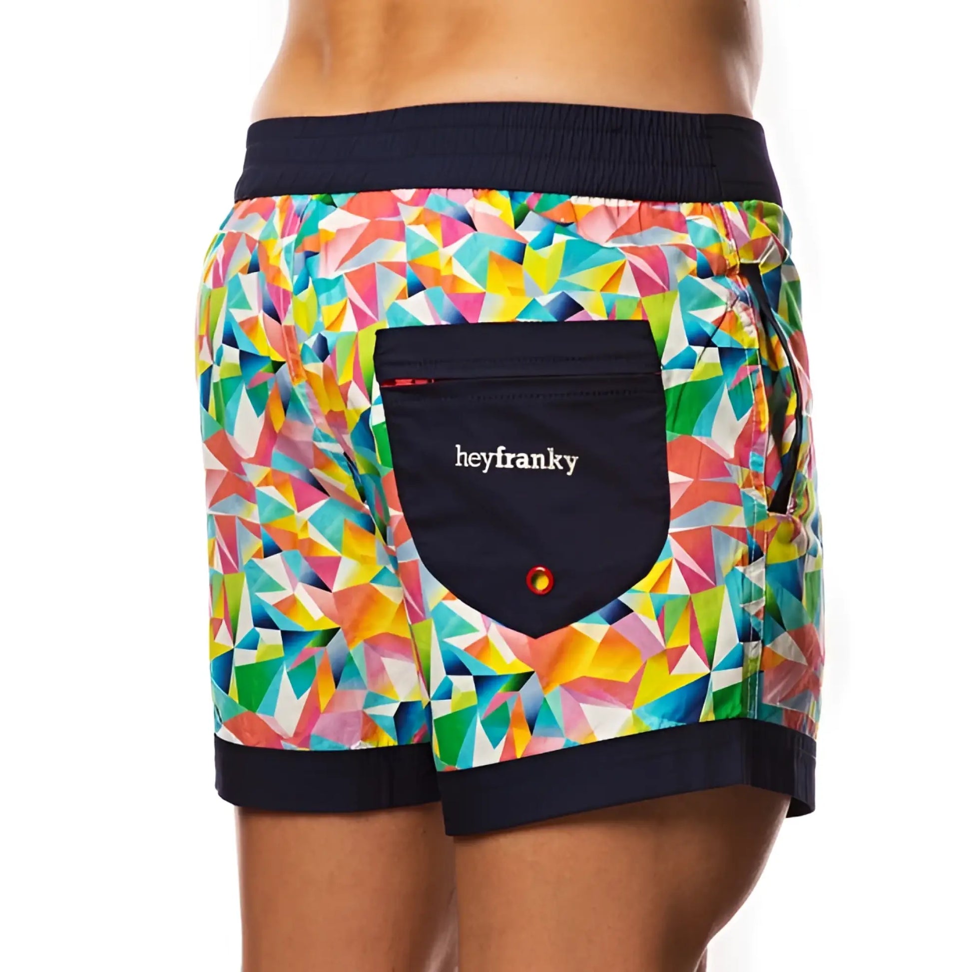Hey Franky circuit geometric beach shorts size 32 in vibrant multicolored pattern with navy waistband and branded pocket