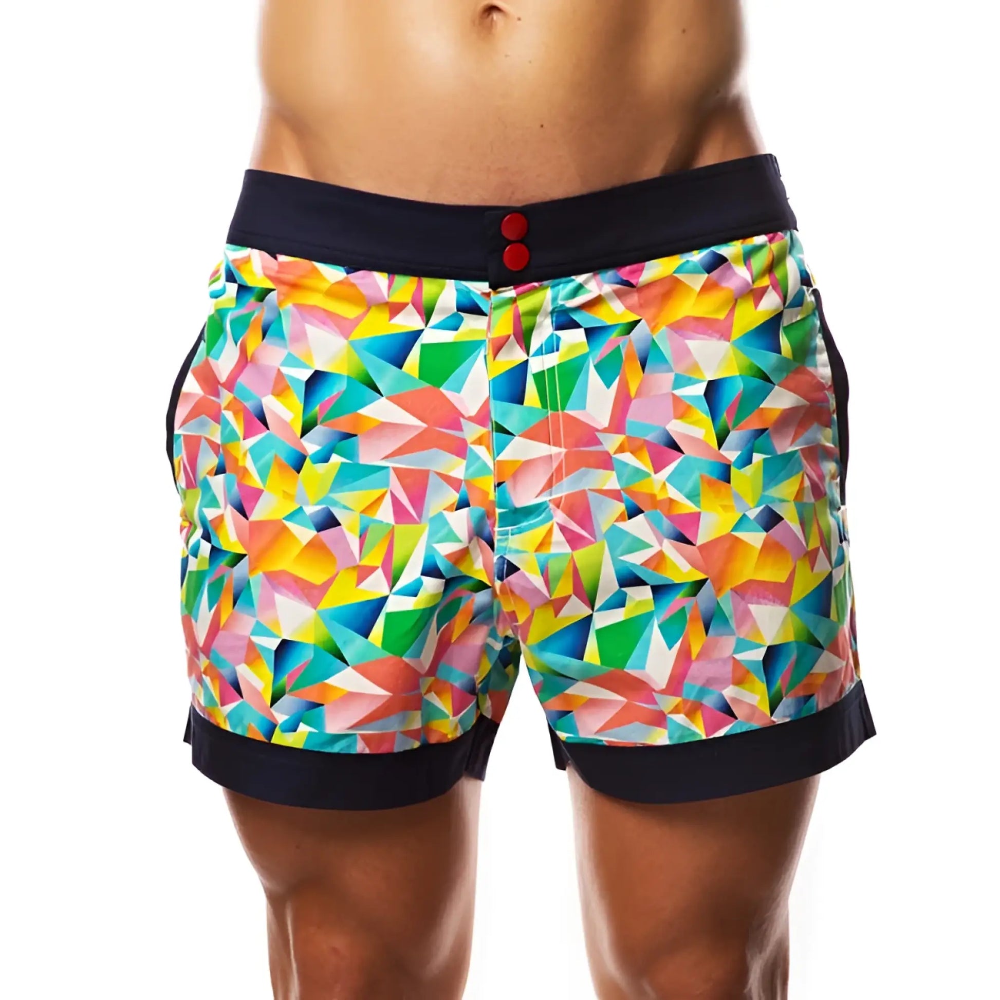 Hey Franky Circuit geometric beach shorts size 32 with vibrant rainbow geometric pattern and navy blue waistband and hem