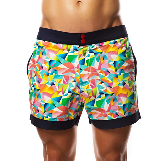Hey Franky Circuit geometric beach shorts size 32 with vibrant rainbow geometric pattern and navy blue waistband and hem
