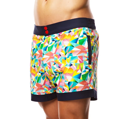 Hey Franky Circuit geometric beach shorts size 32 with vibrant geometric pattern navy blue waistband and bold red buttons
