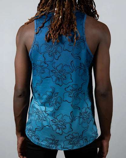 Blue floral patterned tank top with black outlined hibiscus flowers in hibiscus ombre print tank design