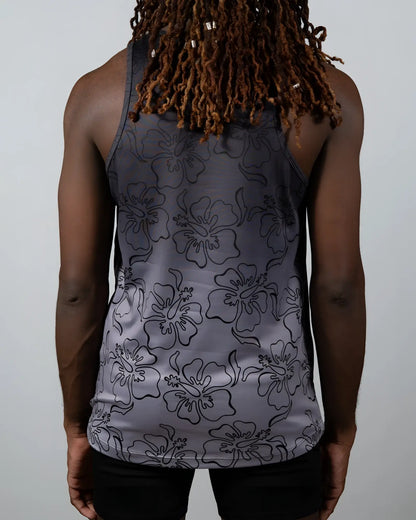 Gray hibiscus ombre print tank top with black outlined hibiscus flower pattern in a lightweight fabric