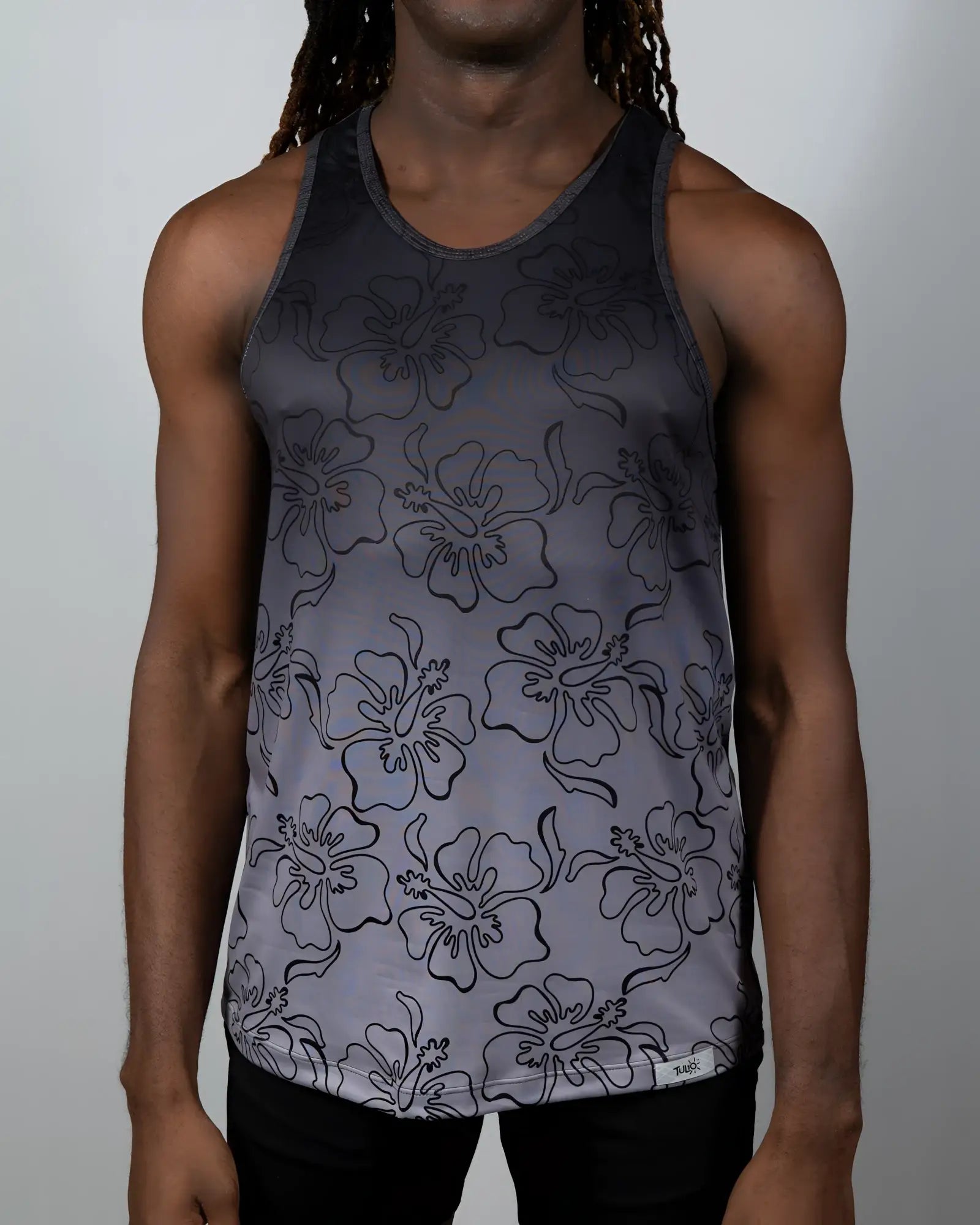 Gray gradient tank top with black outlined hibiscus flower pattern from hibiscus ombre print tank collection