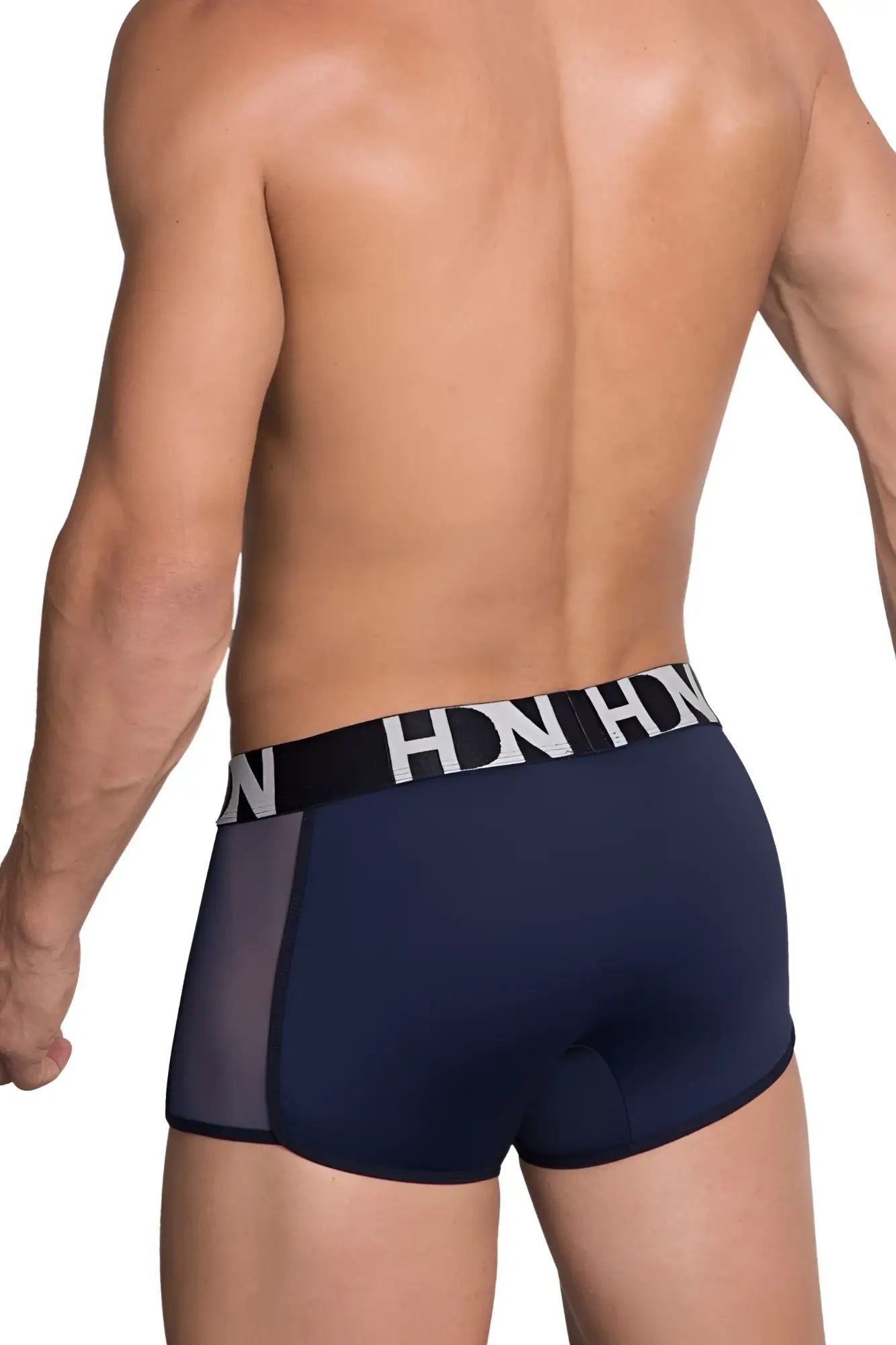 Navy blue Hidden 964 mesh side trunks with sheer mesh panels and black waistband featuring white hn lettering