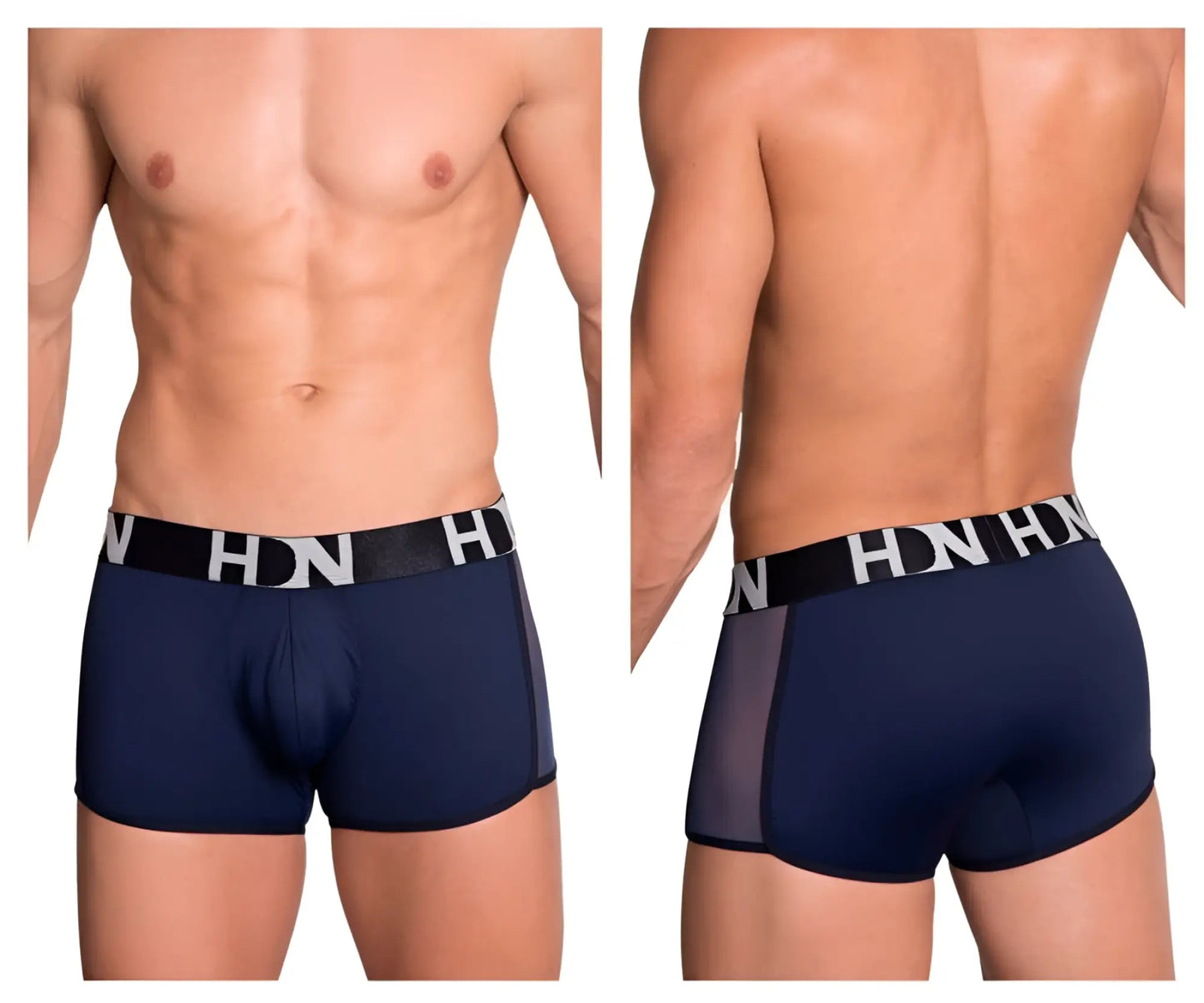 Navy blue men’s boxer briefs with black elastic waistband, white hn logo, and mesh side panels hidden 964 mesh side trunks