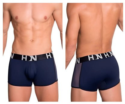 Navy blue men’s boxer briefs with black elastic waistband, white hn logo, and mesh side panels hidden 964 mesh side trunks