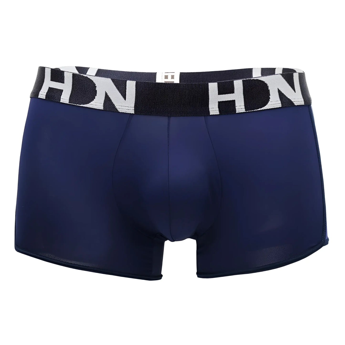 Navy blue men’s boxer briefs with mesh side panels and black and white hdn branded waistband hidden 964 trunks