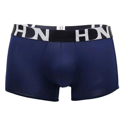 Navy blue men’s boxer briefs with mesh side panels and black and white hdn branded waistband hidden 964 trunks