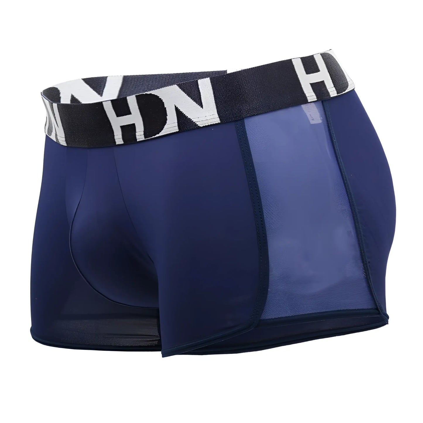 Navy blue men’s Hidden 964 mesh side trunks with a black and white patterned hn waistband