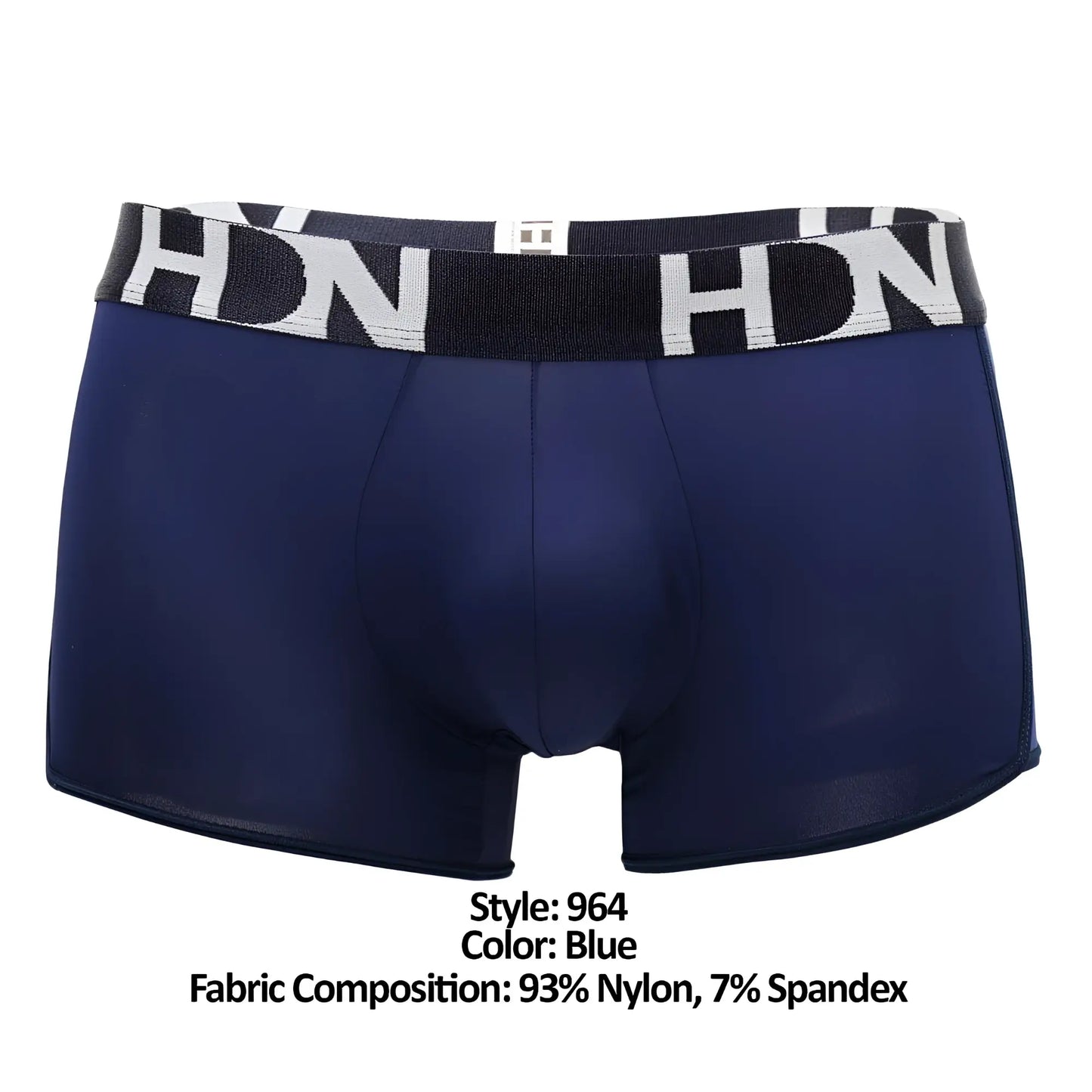 Navy blue men’s boxer briefs with mesh side panels and a black and white hdn branded waistband in hidden 964 style