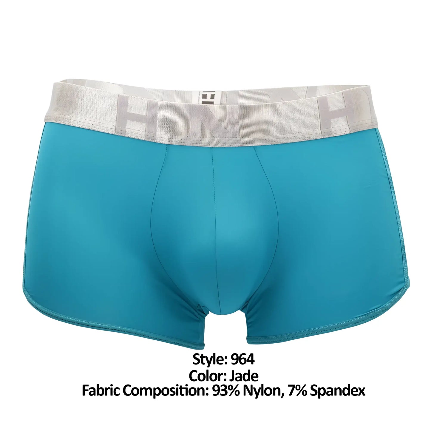 Jade-colored men’s boxer briefs with mesh side trunks and light gray elastic waistband with embossed lettering