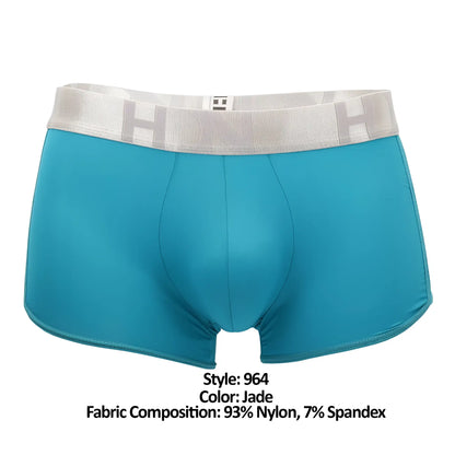 Jade-colored men’s boxer briefs with mesh side trunks and light gray elastic waistband with embossed lettering