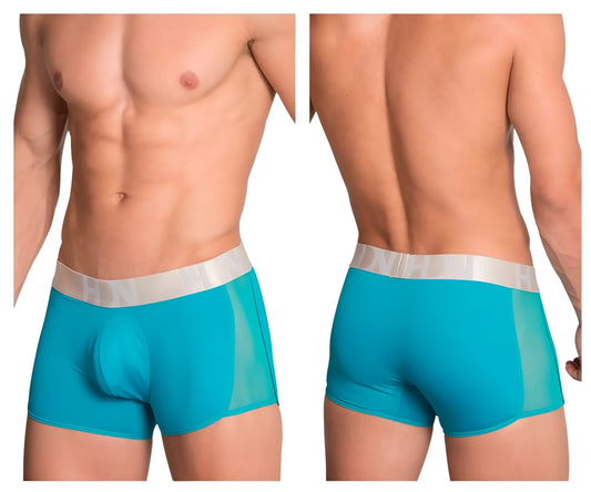 Turquoise hidden 964 mesh side trunks with translucent mesh panel and white elastic waistband in color jade