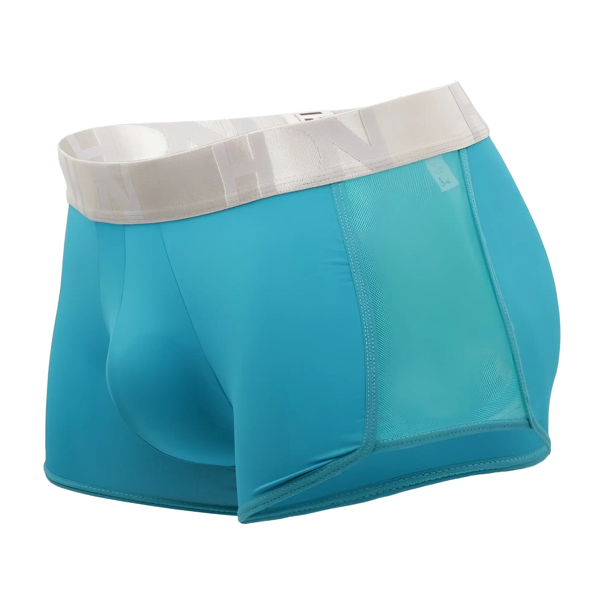 Turquoise mesh side trunks with white elastic waistband and subtle branding in hidden 964 color jade