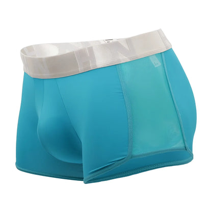 Turquoise mesh side trunks with white elastic waistband and subtle branding in hidden 964 color jade