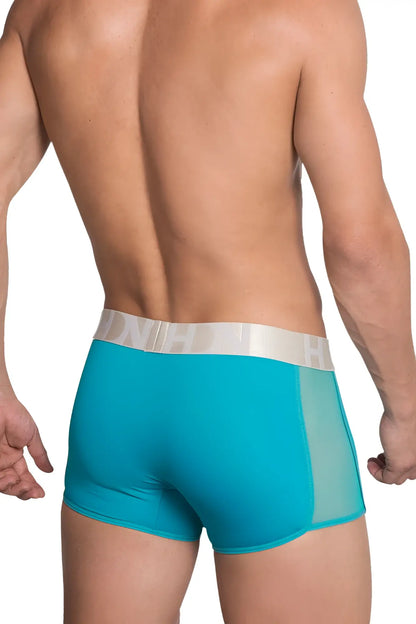 Turquoise men’s hidden 964 mesh side trunks with silver waistband and brand logo in jade color front view