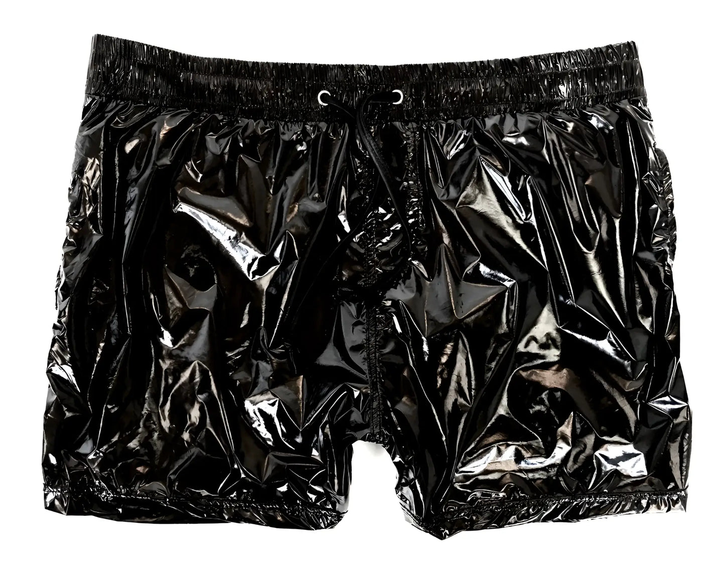 Black glossy plastic high gloss shorts with elastic waistband and drawstring for stylish casual wear