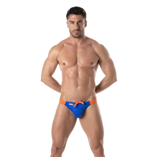 Blue and orange holidays swim bikini swim trunks with drawstring waistband for beach and pool use