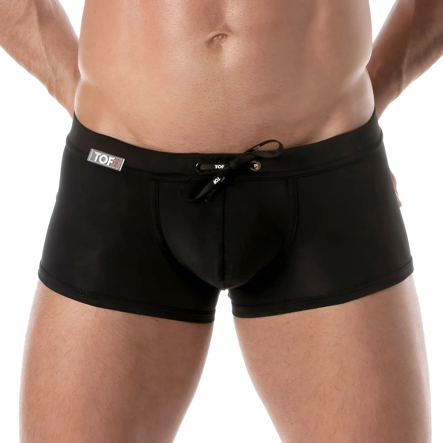 Black holidays swim trunk with drawstring waistband and subtle branding perfect for beach and pool use