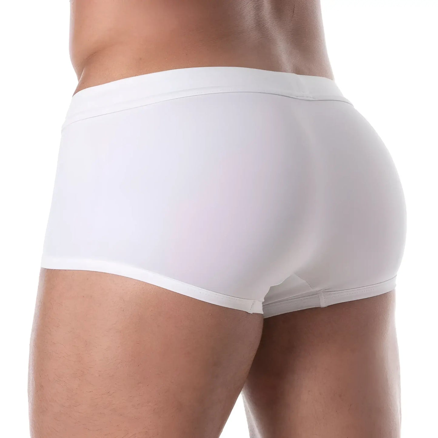 White briefs with smooth form-fitting design and elastic waistband featured in holidays swim trunk collection