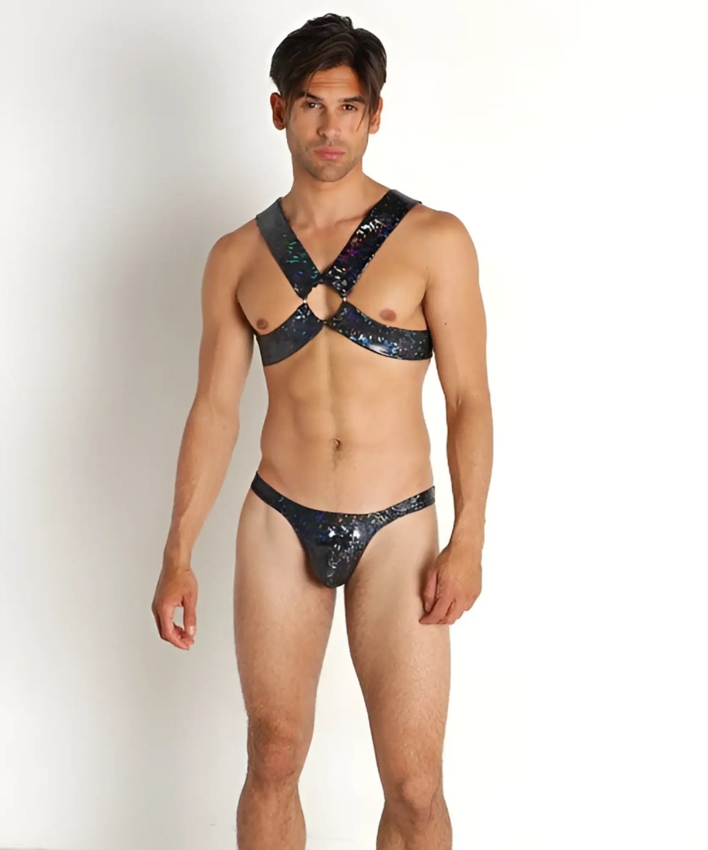 Black sequined harness-style bodysuit hologram harness with starry glittery pattern for bold fashion looks