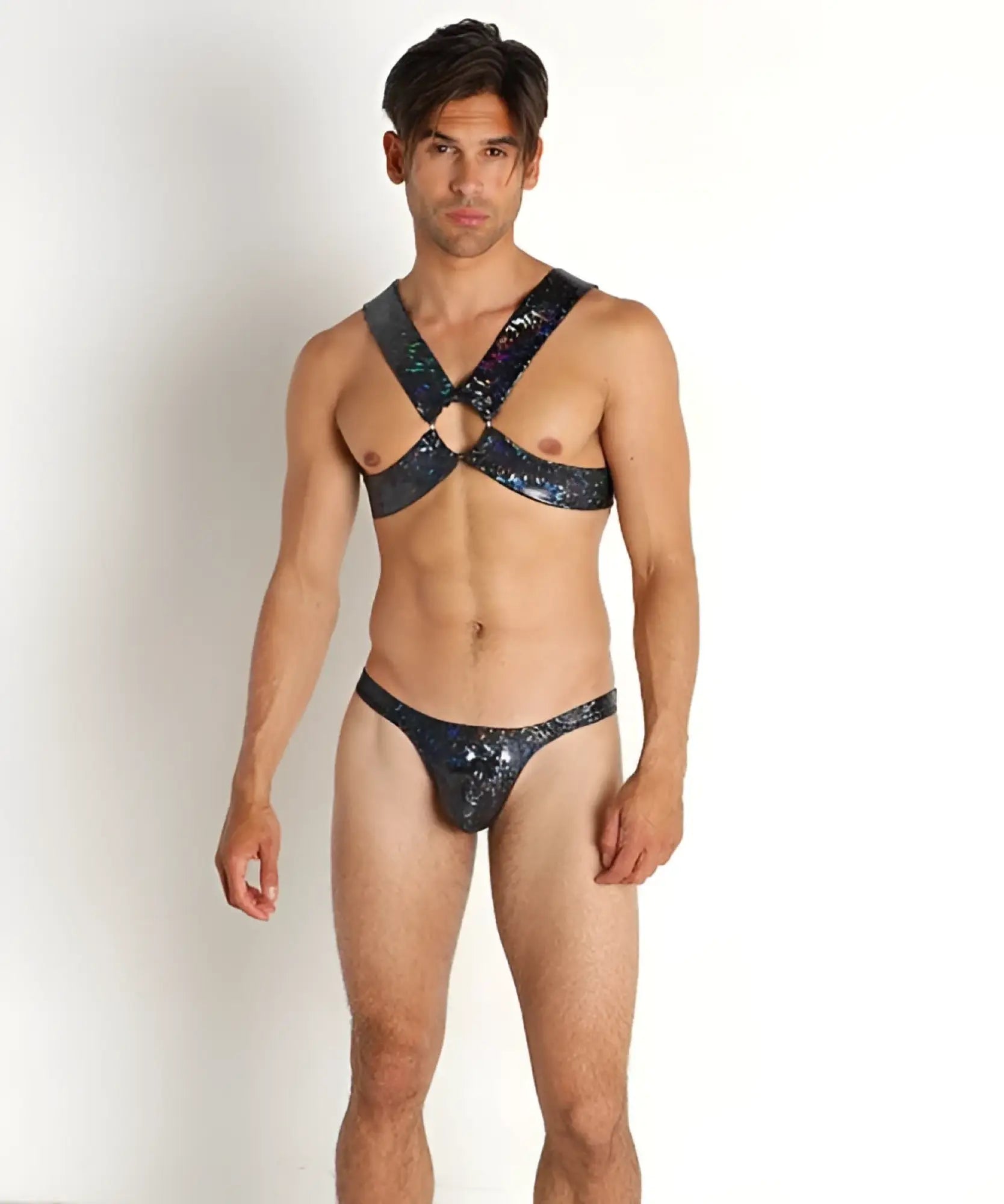 Black sequined harness-style bodysuit hologram harness with starry glittery pattern for bold fashion looks