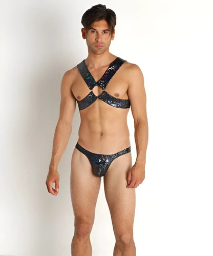 Black sequined harness-style bodysuit hologram harness with starry glittery pattern for bold fashion looks