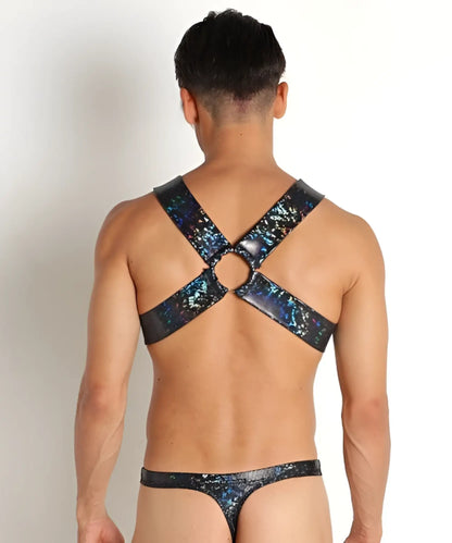 Shiny blue and black holographic leather harness with a central circular ring for stylish edgy wear