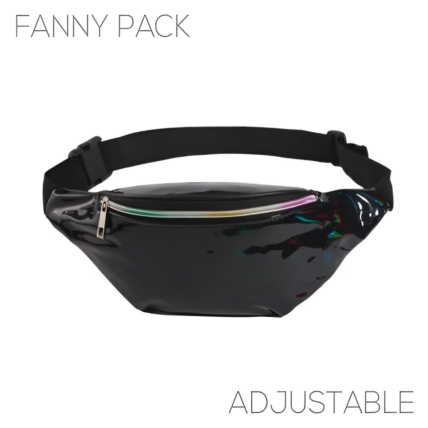 Black holographic fanny pack with an adjustable strap and rainbow zipper in five color options