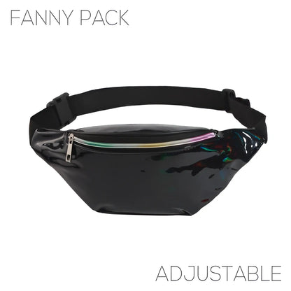 Black holographic fanny pack with an adjustable strap and rainbow zipper in five color options