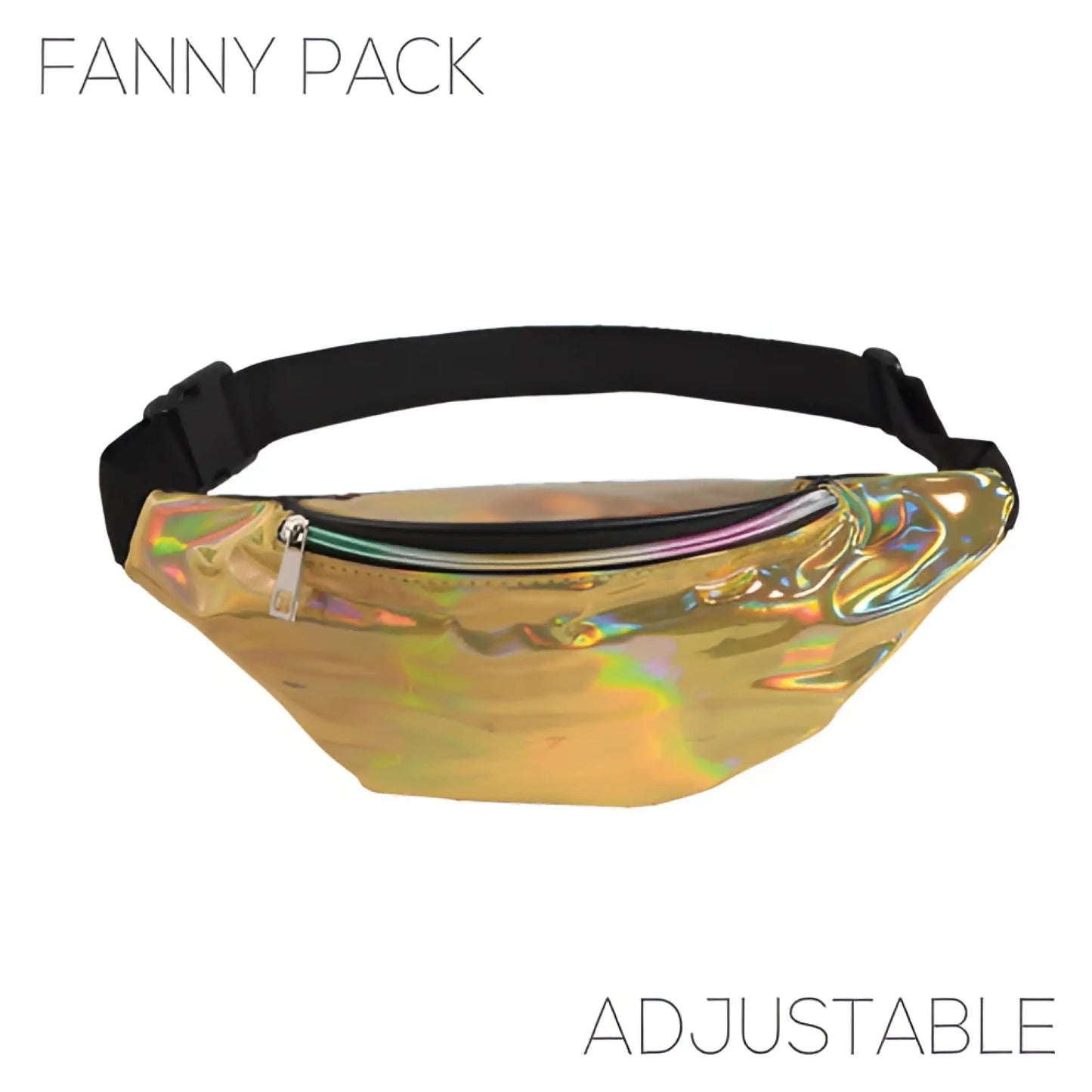 Holographic gold fanny pack with black adjustable strap featuring a shiny iridescent finish in five colors