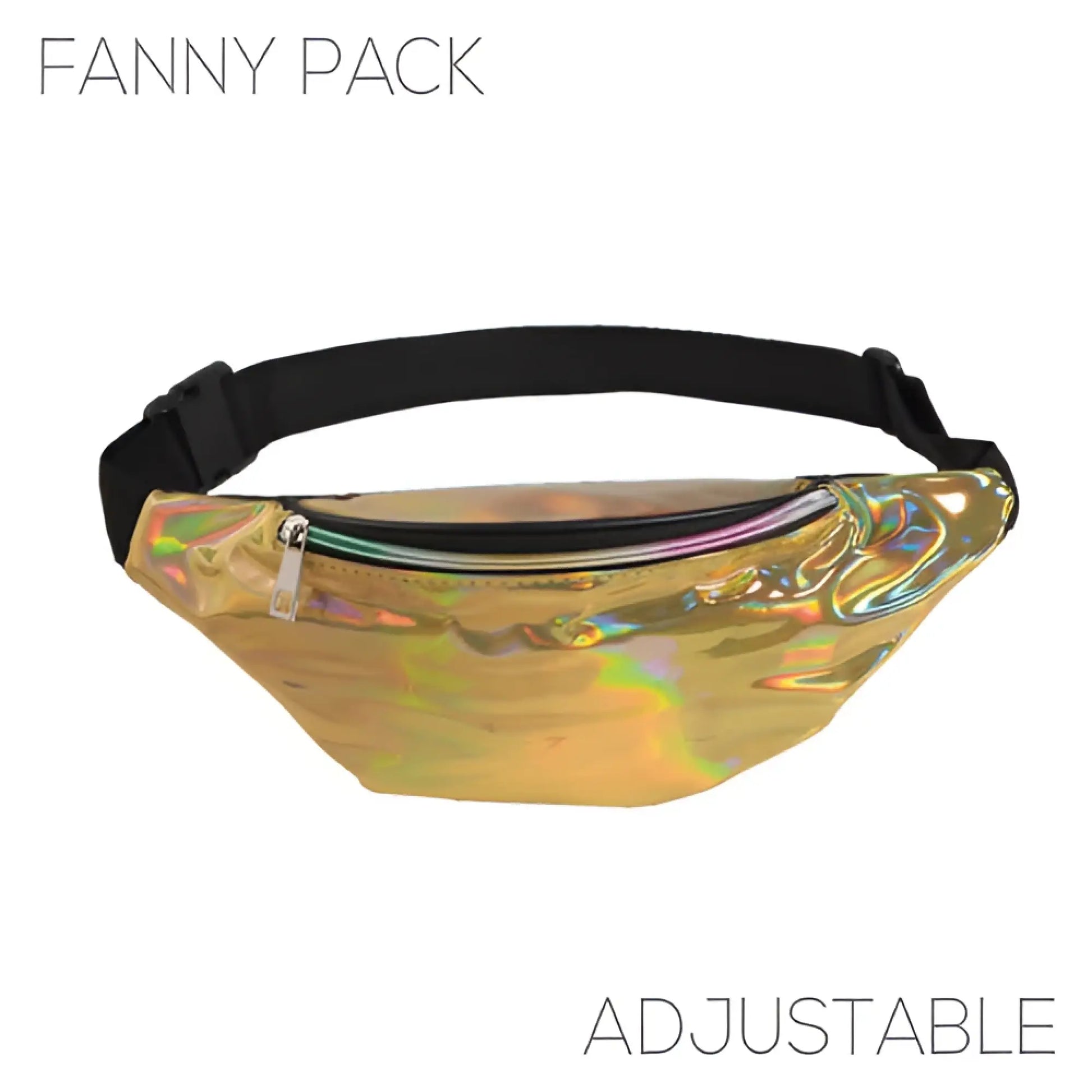 Holographic gold fanny pack with black adjustable strap featuring a shiny iridescent finish in five colors