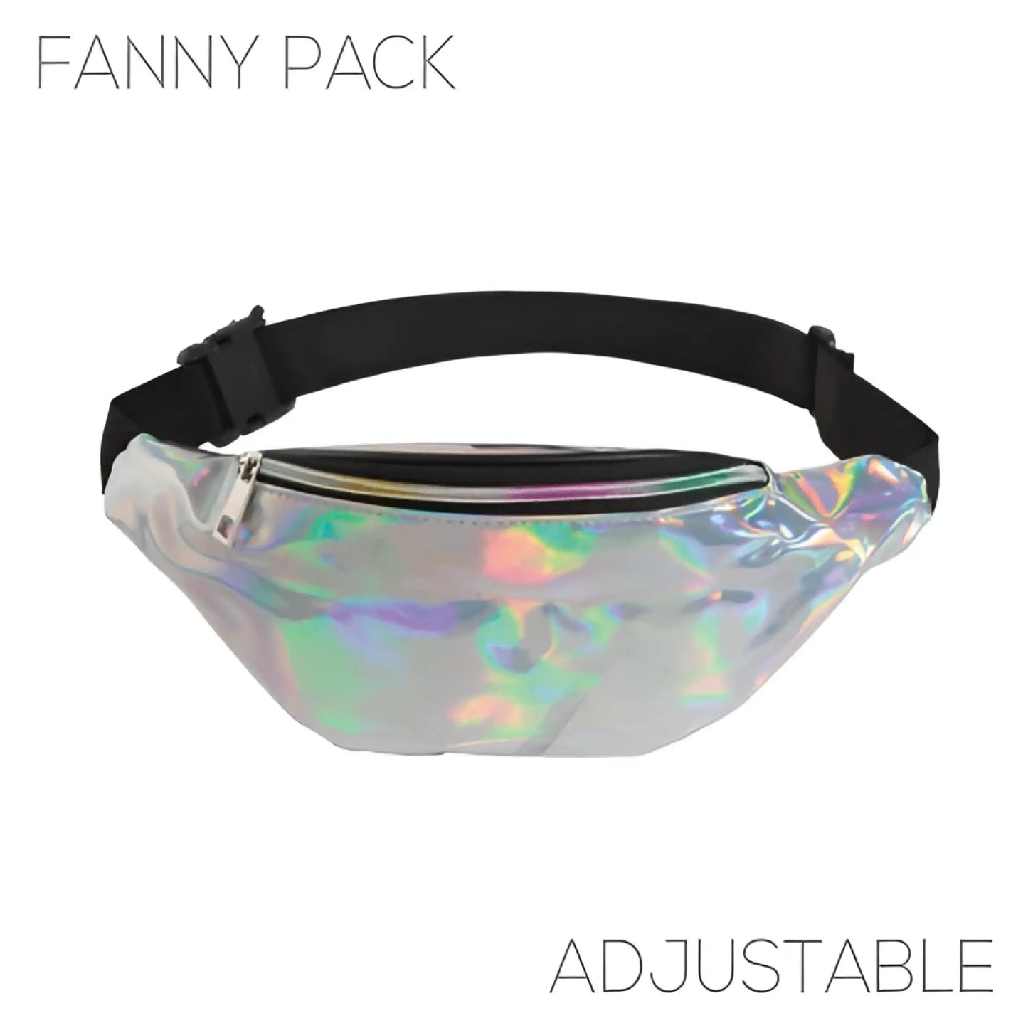 Holographic iridescent fanny pack with black adjustable strap in five colors for versatile hands free use