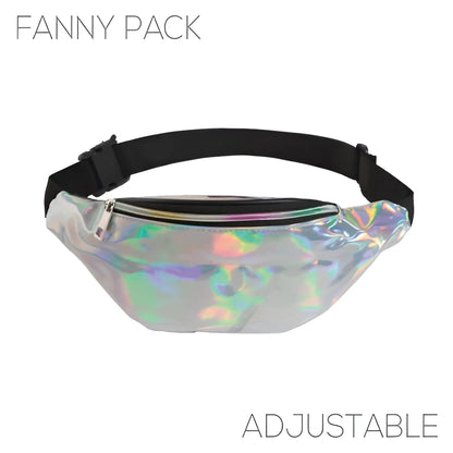 Holographic iridescent fanny pack with black adjustable strap in five colors for versatile hands free use