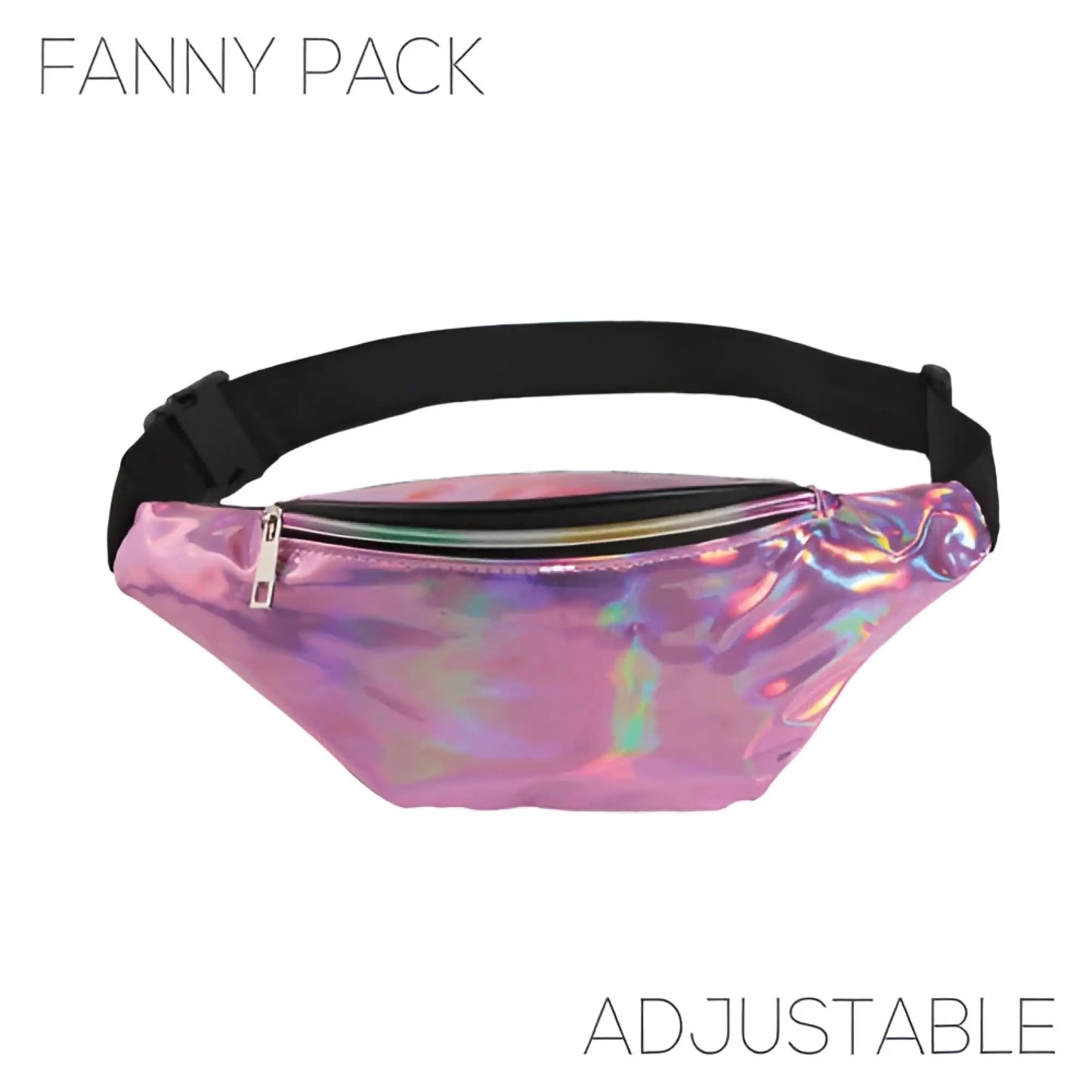 Holographic pink fanny pack with black adjustable strap in five colors featuring a shiny iridescent finish