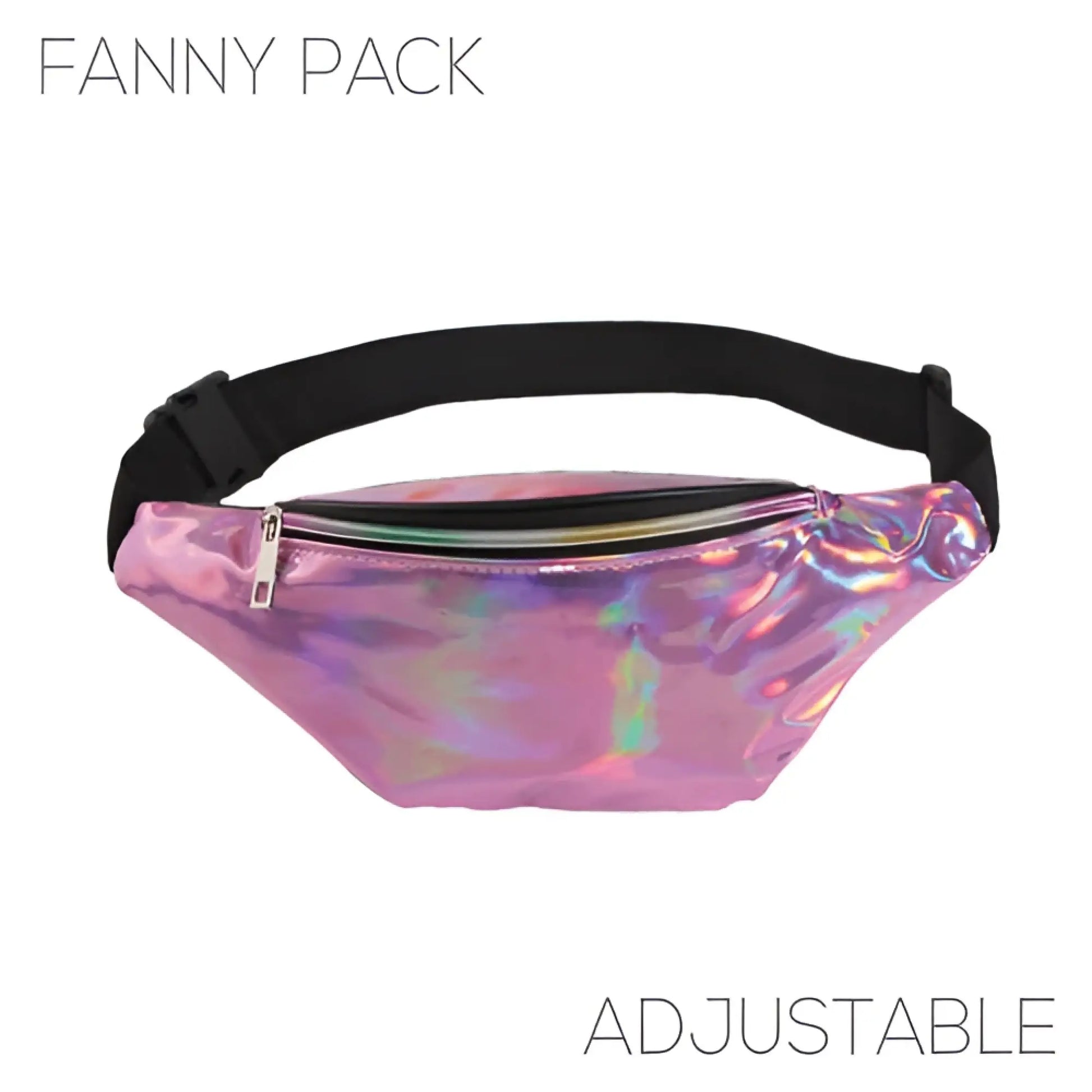 Holographic pink fanny pack with black adjustable strap in five colors featuring a shiny iridescent finish