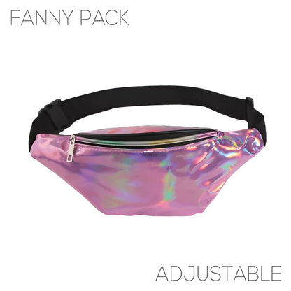 Holographic pink fanny pack with black adjustable strap in five colors featuring a shiny iridescent finish